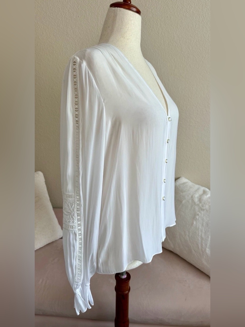 NWT Ramy Brook Lux White Boho Peasant Blouse Top Embroidered Long Slv Sheer Sz L